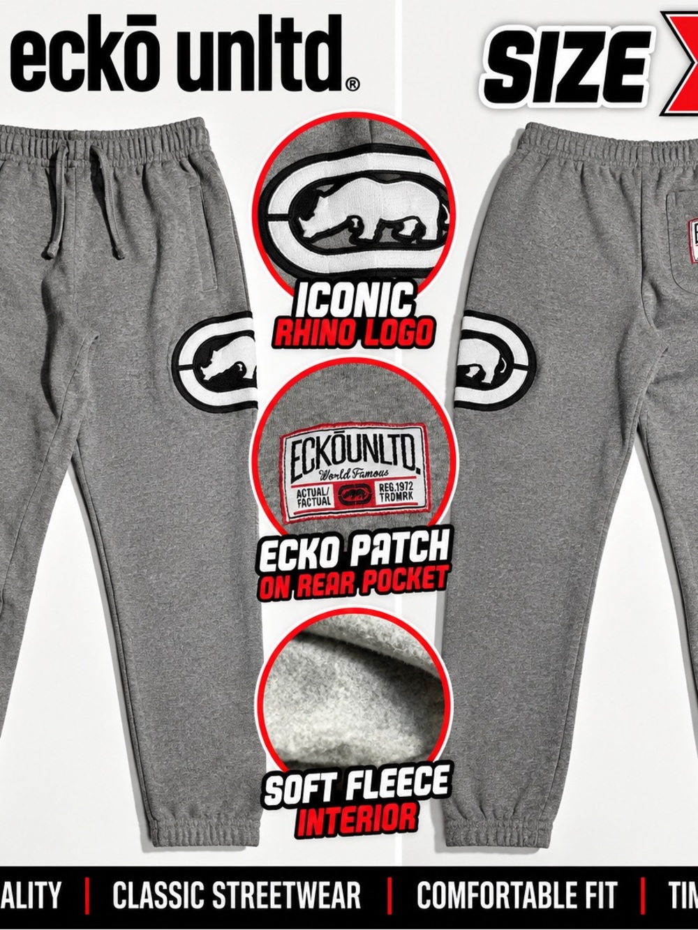 Ecko Unltd Mens XL Gray Sweatpants Rhino Logo Fleece Joggers Streetwear Y2K